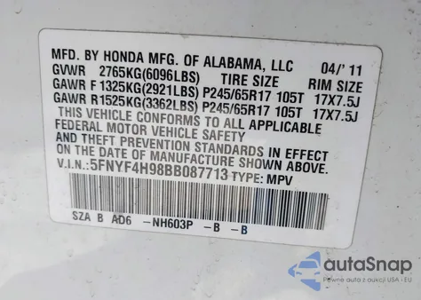 2011 Honda Pilot Touring from USA, damaged, VIN 5FNYF4H98BB087713